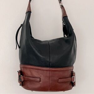 B. Makowsky Black and Brown Leather Shoulder Bucket Bag EUC